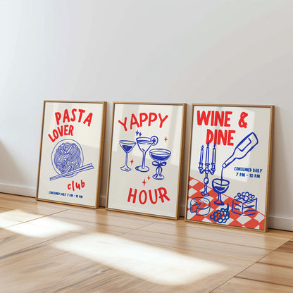 Kitchen Print Set, Food Wall Art Set of 3, Retro Happy Hour Digital Prints, Pasta Club Gallery Wall Set, Wine & Dine Trendy Wall Art