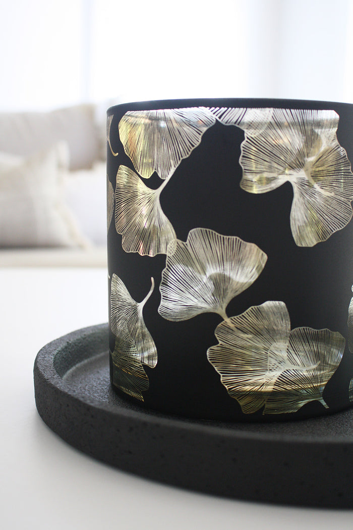 Large Glass Ginko Candle Holder - Black + Gold