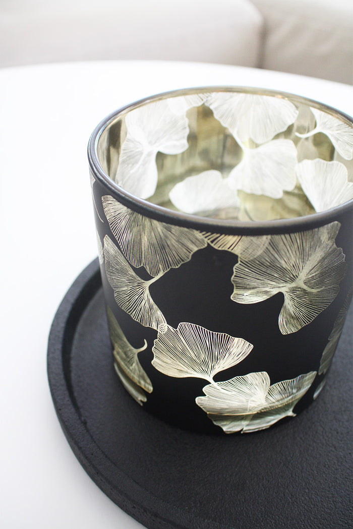 Large Glass Ginko Candle Holder - Black + Gold