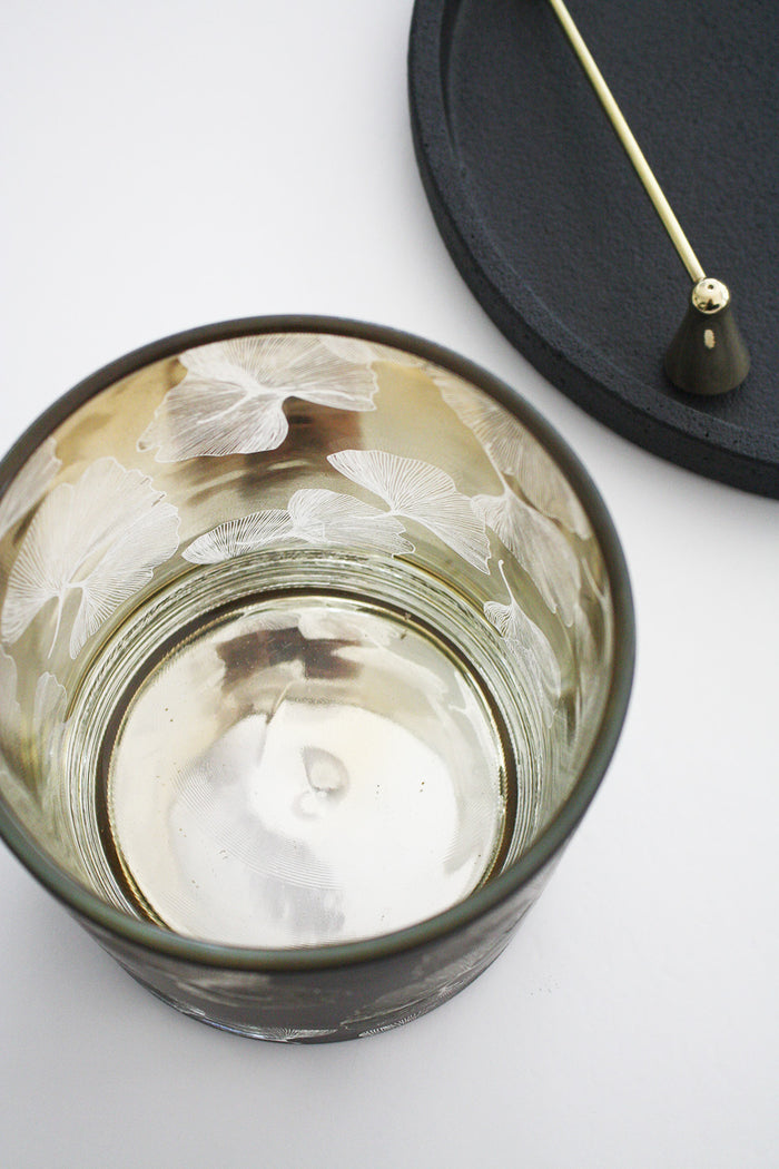Large Glass Ginko Candle Holder - Black + Gold