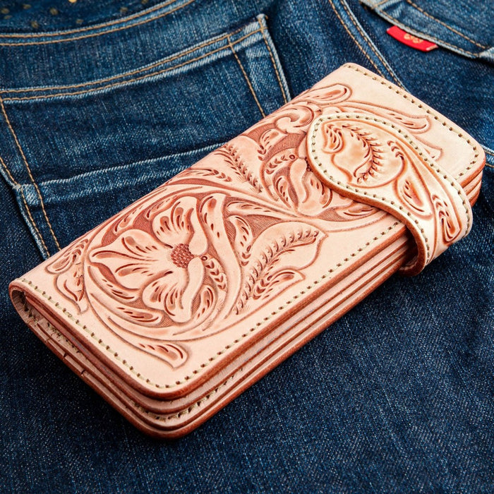 Back angled view of western style leather wallet showing intricate tooling