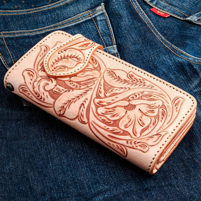 Spine view of leather biker wallet showing thickness and chain grommet