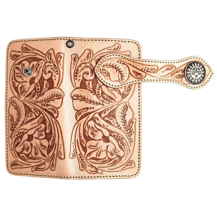 Open interior view of leather trucker wallet showing card slots and layout