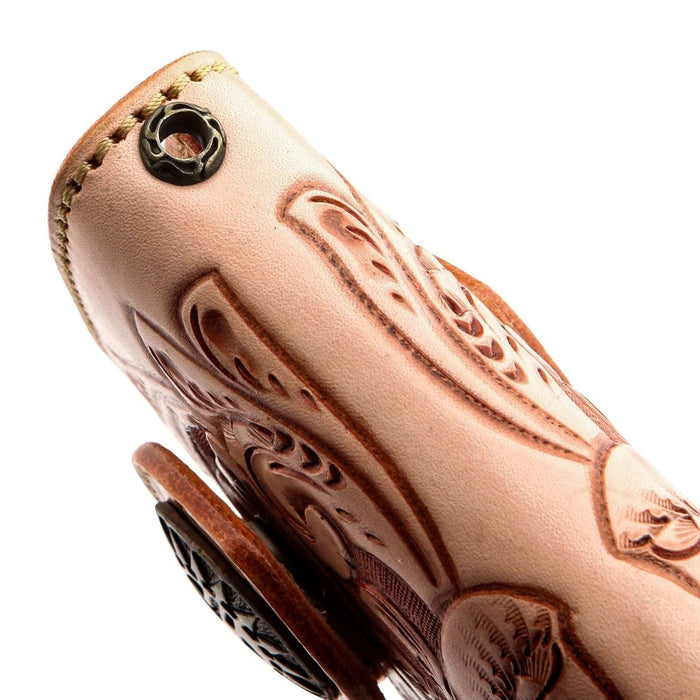 Close up detail of wallet chain grommet on light brown leather