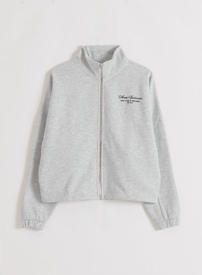 Light grey melange Script Zip Jacket from aim'n with a high collar, full-length zipper, and script logo.