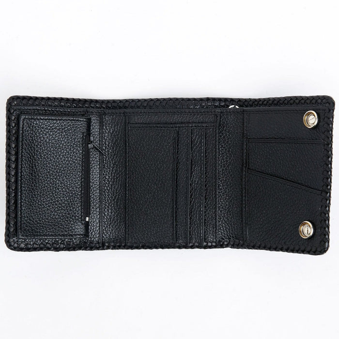 Open trifold interior lined in black cowhide, showing the card slots, zippered pocket and two silver snap studs.