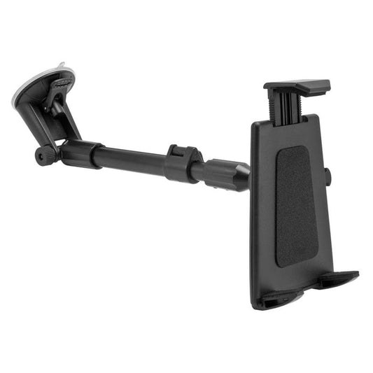 The Long Arm Windshield Suction Tablet Mount for iPad, Note, and more features a black adjustable design with an extendable arm and suction cup base to securely hold tablets or smartphones on your dashboard or windshield.