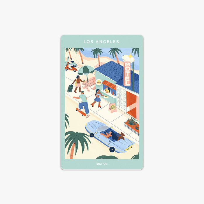 Los Angeles | Destination Stickers Los Angeles city street view with food shop, a car and people walking