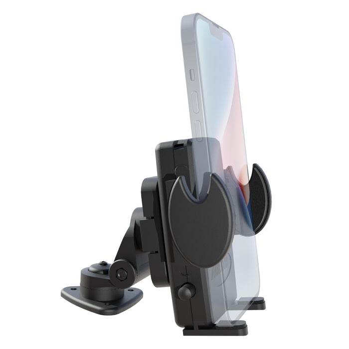 The Mega Grip™ Holder with Adhesive Mount securely holds a smartphone vertically, featuring a black adjustable design attached to a swiveling base for stable mounting on flat surfaces. This universal phone holder uses an adhesive car mount for reliable stability wherever you place it.