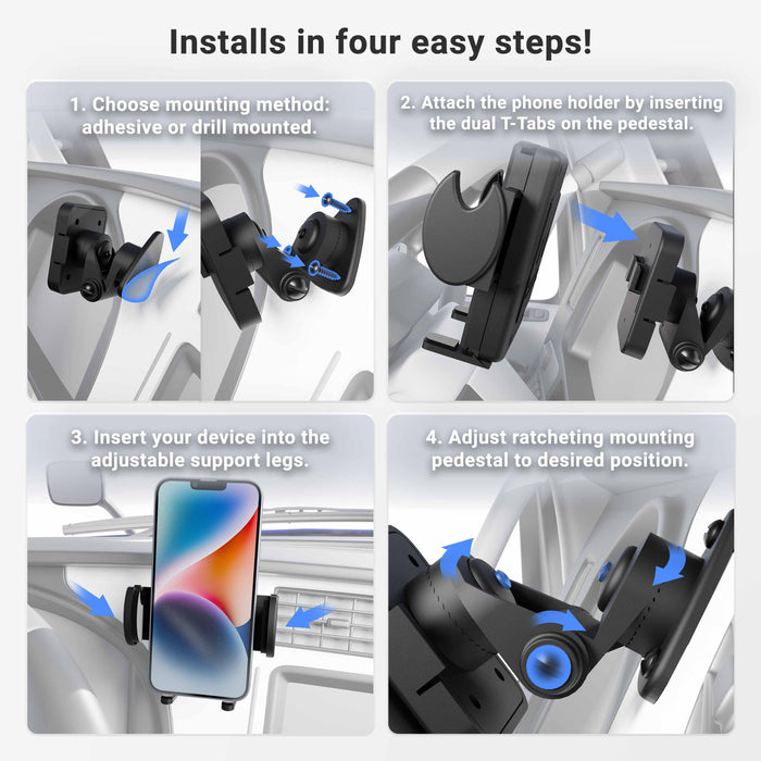 Four-step installation for Mega Grip™ Holder with Adhesive Mount: (1) Choose mounting method, like adhesive dash mount, (2) Attach holder to pedestal, (3) Insert phone, (4) Adjust pedestal via ratcheting mechanism. Blue arrows show each step.