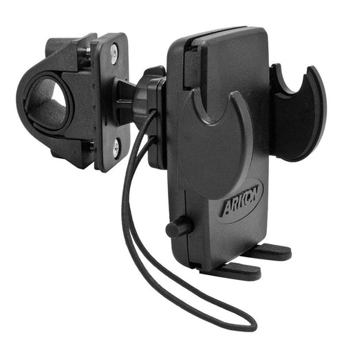 The Mega Grip™ Phone Holder with Handlebar Mount is a black, adjustable holder with a clamp for handlebars, spring-loaded grips for secure device hold, and a rubber strap for extra stability.