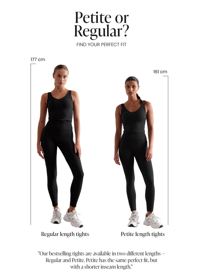 Black high-waisted aim'n Shape Seamless Tights compared in regular and petite lengths.