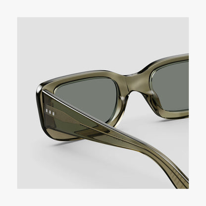 Crystal Sencha / Grey Green Lens | Close-up detail view of Mesa Sunglasses in Crystal Sencha with Grey Green Lens