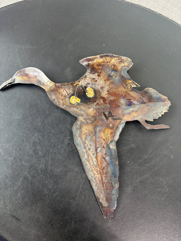 Metal Flying Duck Wall Sculpture; Signed