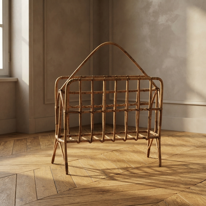 Mid-Century Wicker Magazine Rack, Woven Newspaper Holder, 1960s, Czechoslovakia