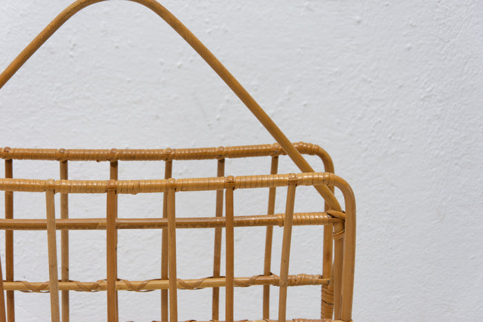 Mid-Century Wicker Magazine Rack, Woven Newspaper Holder, 1960s, Czechoslovakia