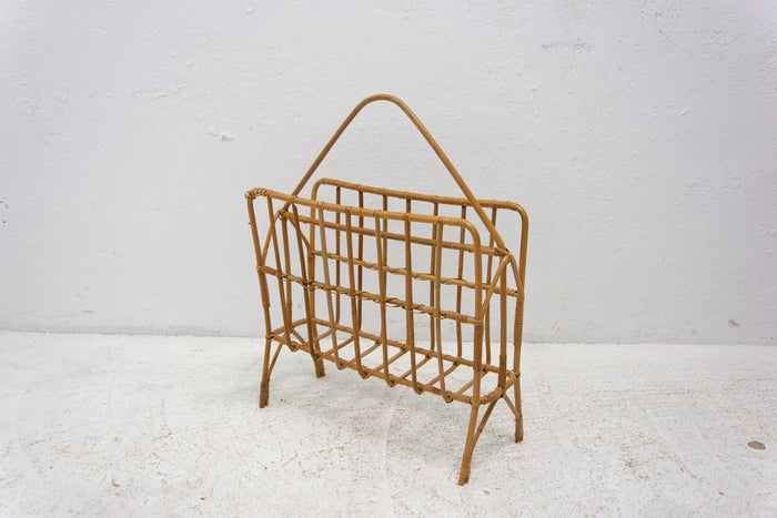 Mid-Century Wicker Magazine Rack, Woven Newspaper Holder, 1960s, Czechoslovakia