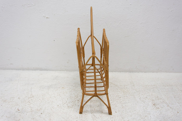 Mid-Century Wicker Magazine Rack, Woven Newspaper Holder, 1960s, Czechoslovakia