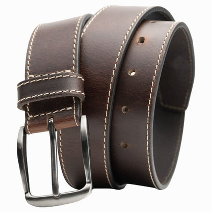 Gun metal gray rectangular buckle sewn onto dark brown leather strap. nickel free