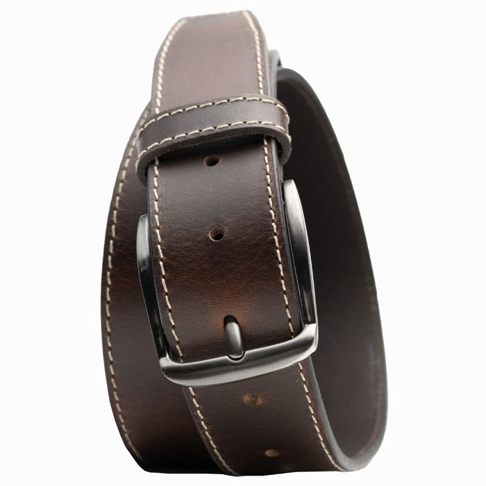 Silver nickel free buckle sewn onto medium brown leather with sewn edge of cream colored stitching
