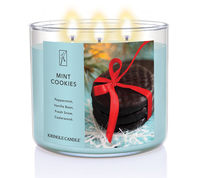 Kringle Candle mint cookies scented candle with a decorative label