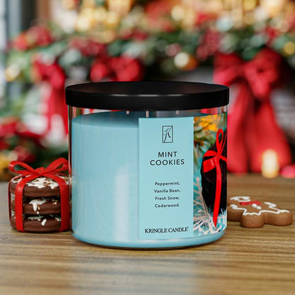 Kringle Candle mint cookies candle with Christmas decorations in the background