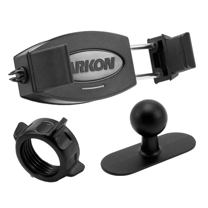 The Mobile Grip 2 Adhesive Phone Car Mount fits iPhone, Galaxy, Note, and more. It features a spring-loaded clip, threaded locking ring, and ball-and-socket base for adjustable positioning in your car.