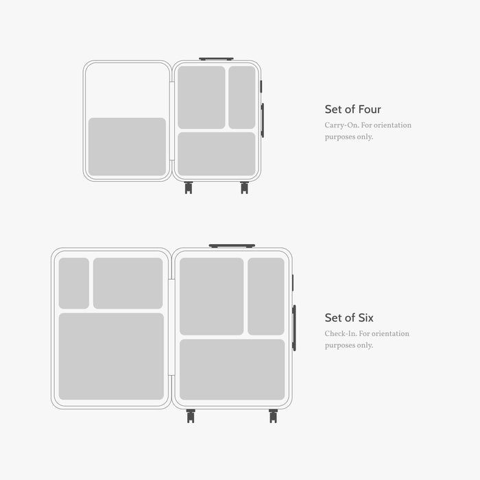 Set of Four / Multi | Diagram showing the fit of four compressible packing cubes inside a Carry-On and six inside a Check-In suitcase