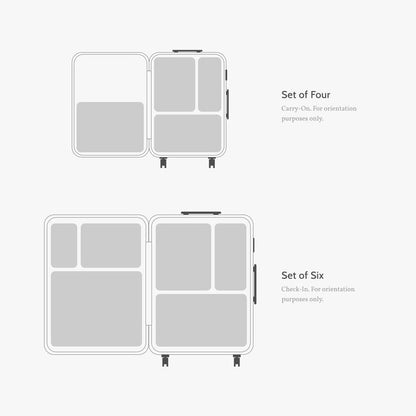 Set of Four / Multi | Diagram showing the fit of four compressible packing cubes inside a Carry-On and six inside a Check-In suitcase