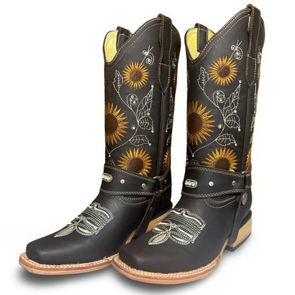 Montesino-Elegant Chocolate Western Boots with Sunflower Designs