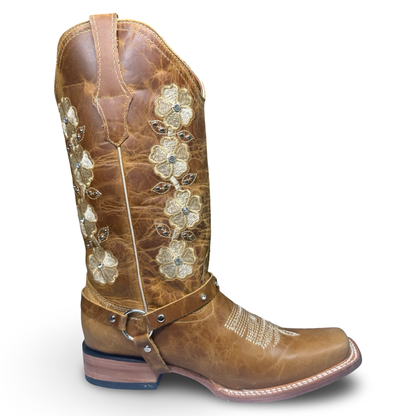 Montesino-Floral Western Boots in Honey Brown