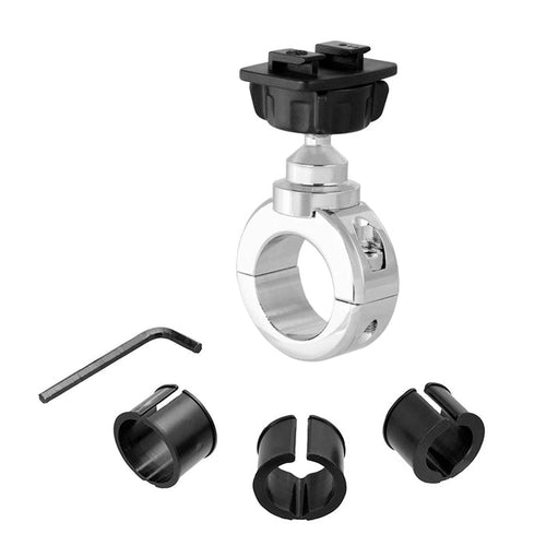 The Motorcycle Handlebar Mount – Dual-T Compatible – Chrome Aluminum includes a black adjustable knob, three black plastic inserts, and a hex key tool; all parts are displayed on a white background and allow use as a phone holder.