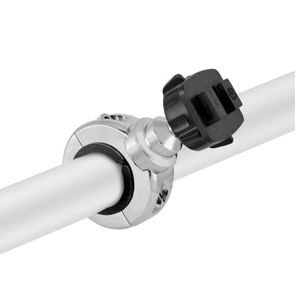 A close-up of the Motorcycle Handlebar Mount—Dual-T Compatible, made from chrome aluminum, shown attached to two white tubes at an adjustable angle with a black tightening knob. Ideal as a phone holder or handlebar mount.