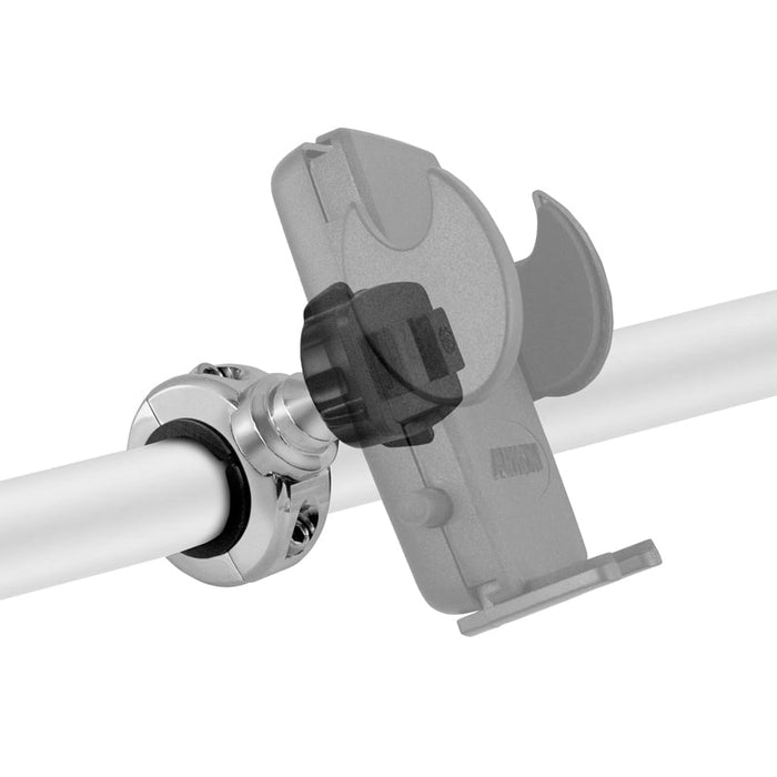 The Motorcycle Handlebar Mount - Dual-T Compatible features a chrome aluminum bracket and rotating joint to securely grip and support your phone with a gray adjustable holder on your motorcycle’s handlebar.