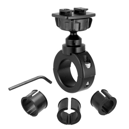 The Motorcycle Handlebar Mounting Pedestal - Black Aluminum - Dual-T Compatible includes an adjustable knob, circular clamp, four interchangeable inserts, and an Allen wrench; set shown on a white background.