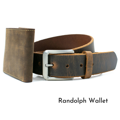 Randolph Wallet (bifold) with the Mt. Pisgah Belt. Both made from solid distressed leather.