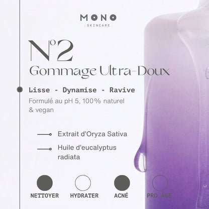 Infographie des bienfaits du gommage doux MONO : exfoliation, purification, éclat et douceur de la peau