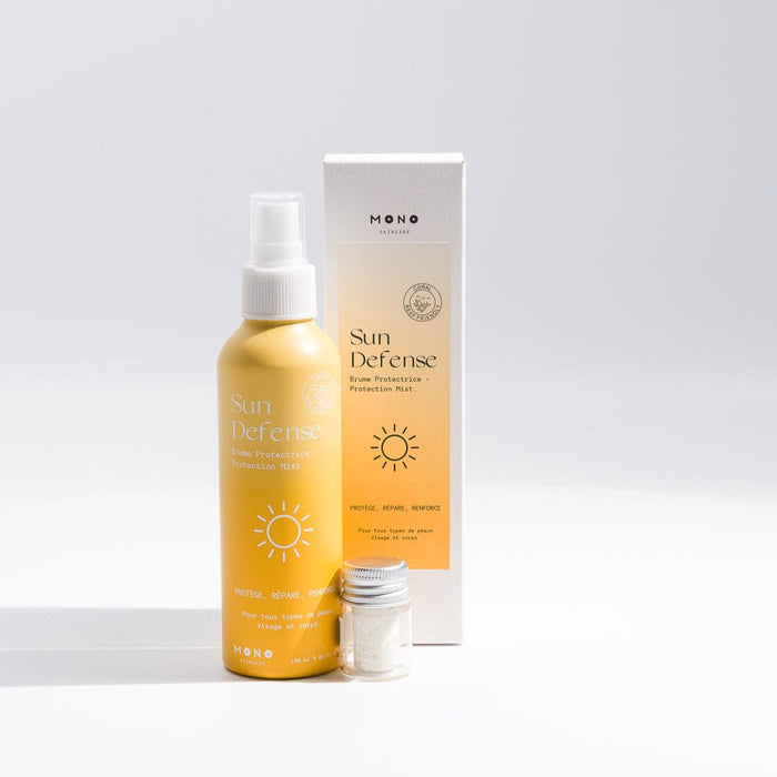 Brume solaire naturelle MONO N°7 — protège, hydrate et prolonge le bronzage. Convient à toutes les peaux, même sensibles.