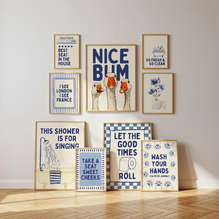 Navy Bathroom Wall Art Set of 9, Funny Bathroom Decor Prints, Eclectic Bathroom Gallery Wall, Goose Bathroom Poster, Vintage Bathroom Art