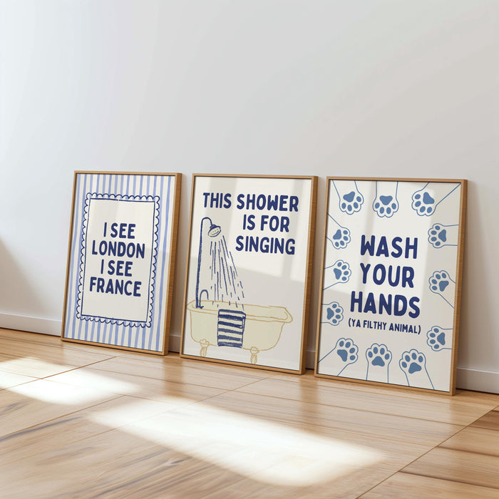 Navy Bathroom Wall Art Set of 9, Funny Bathroom Decor Prints, Eclectic Bathroom Gallery Wall, Goose Bathroom Poster, Vintage Bathroom Art