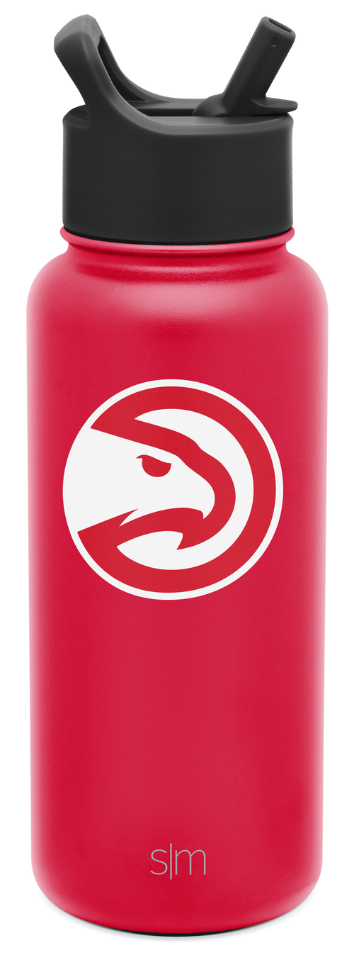 Bright hot pink cylindrical water bottle with wide mouth opening and black dual-handle straw lid on white background.
