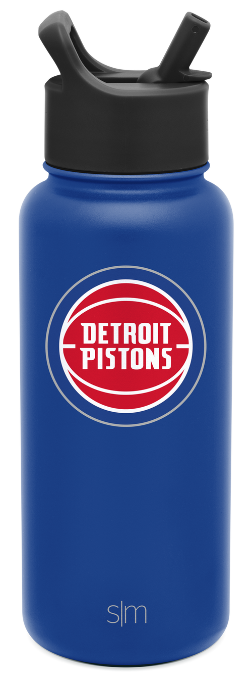Cobalt blue water bottle with charcoal black cap and red and white accents, detailed product view