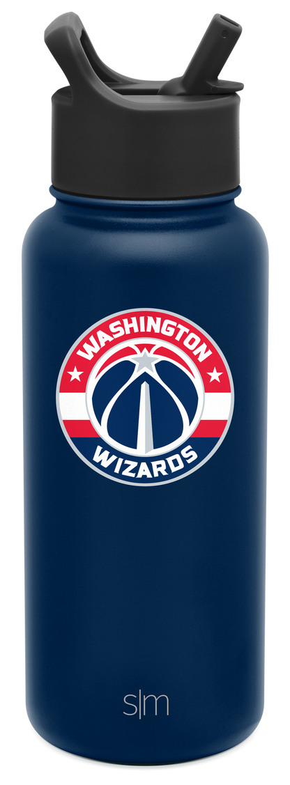 Navy blue water bottle with charcoal gray cap, Washington design