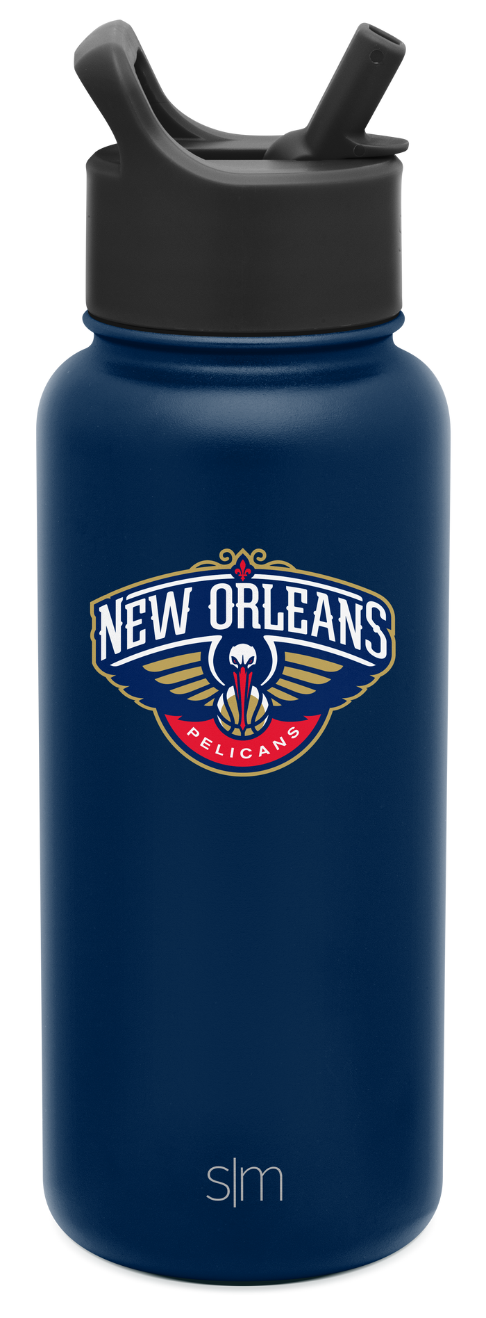 Navy blue insulated water bottle with matte finish against white background. Simple Modern design, cylindrical shape, durable appearance.