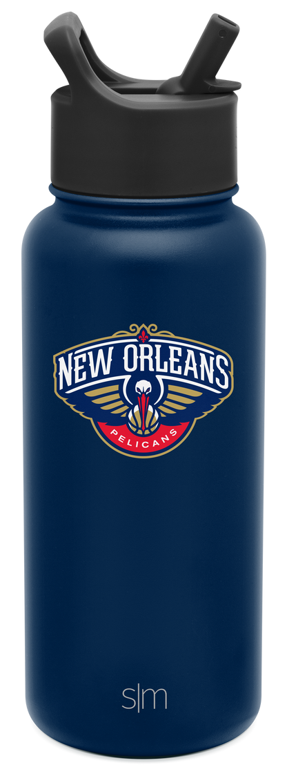Navy blue insulated water bottle with matte finish against white background. Simple Modern design, cylindrical shape, durable appearance.