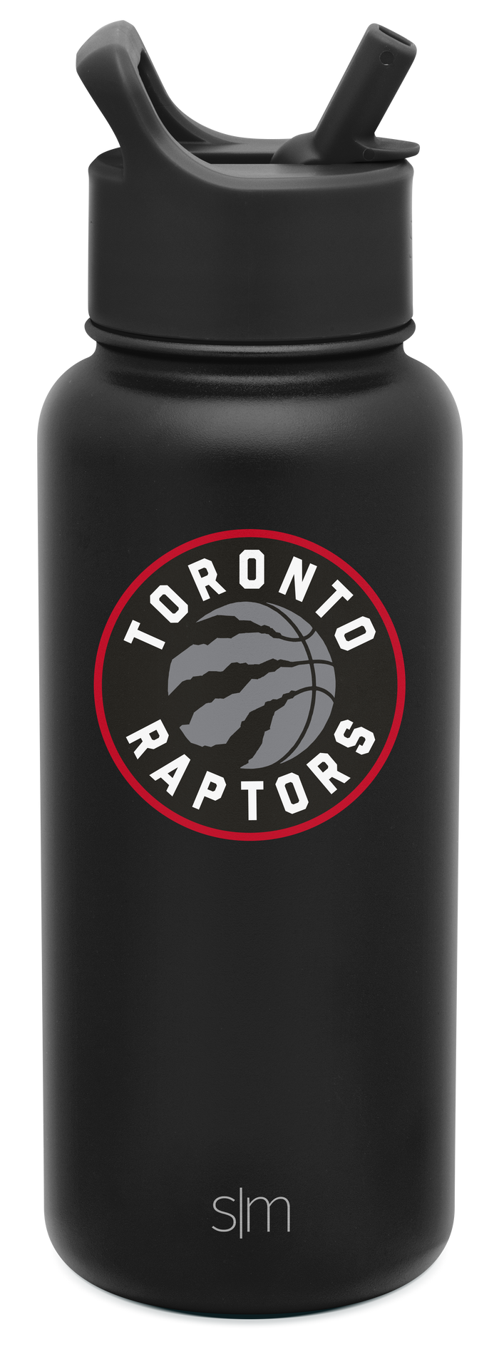 Matte black water bottle with bright red circular accent ring around team logo featuring gray tones in design