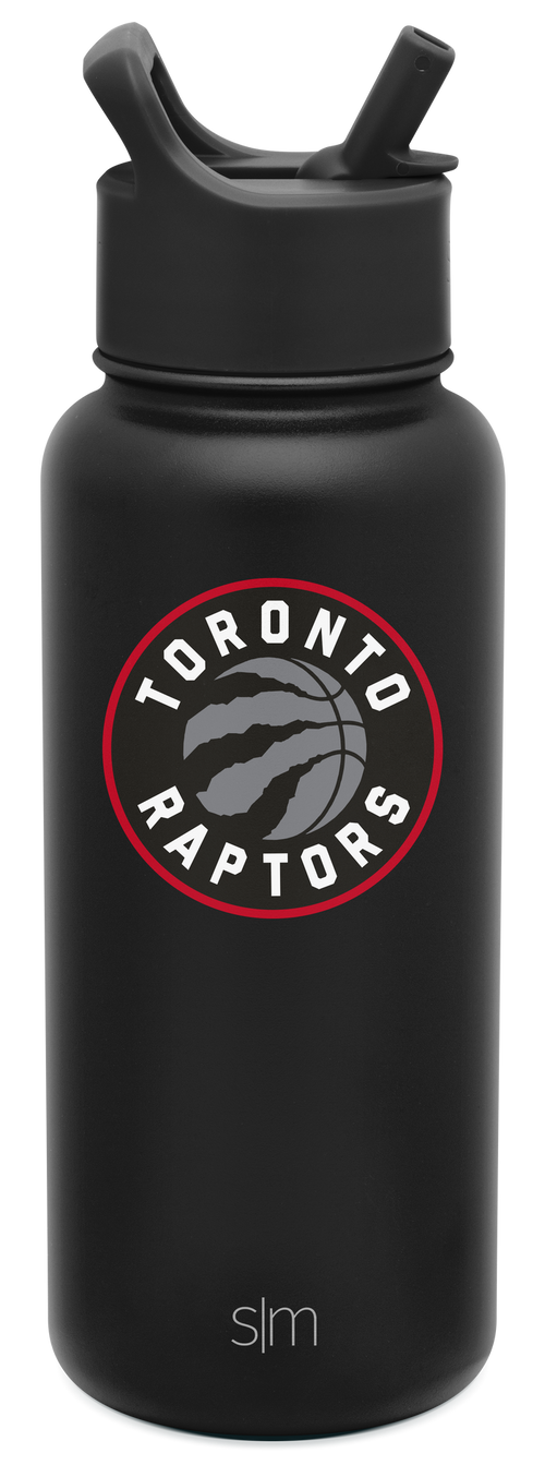 Matte black water bottle with bright red circular accent ring around team logo featuring gray tones in design
