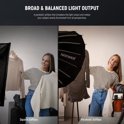 NEEWER SF65Q Parabolic Softbox makes your subject evenly illuminated from all perspectives.