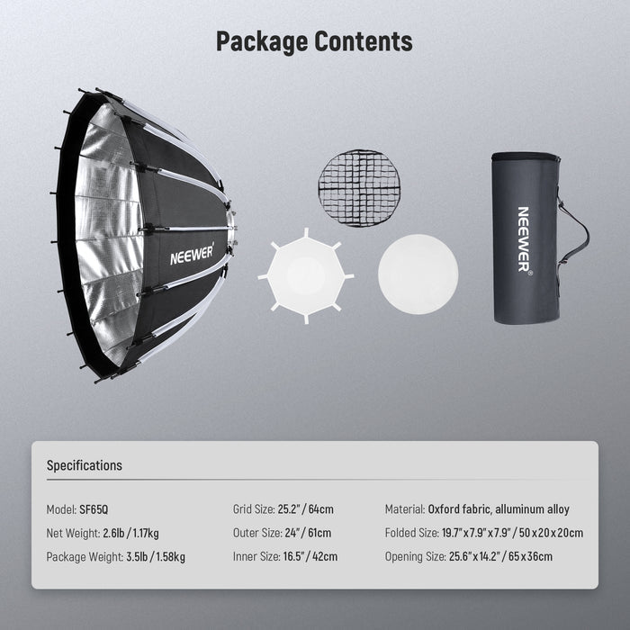 Package Contents of the NEEWER SF65Q Parabolic Softbox