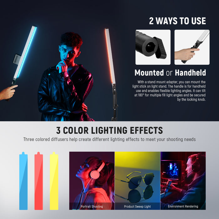 NEEWER BH20B Upgraded 21W LED Light Stick can be mounted or handheld.